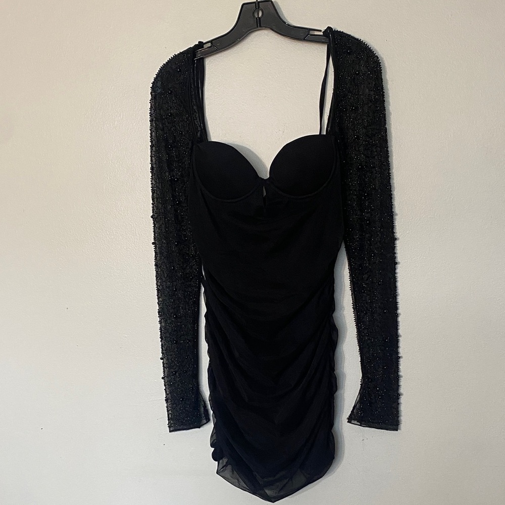 Fashion Nova Black Long Sleeve Ruched Bodycon Dress